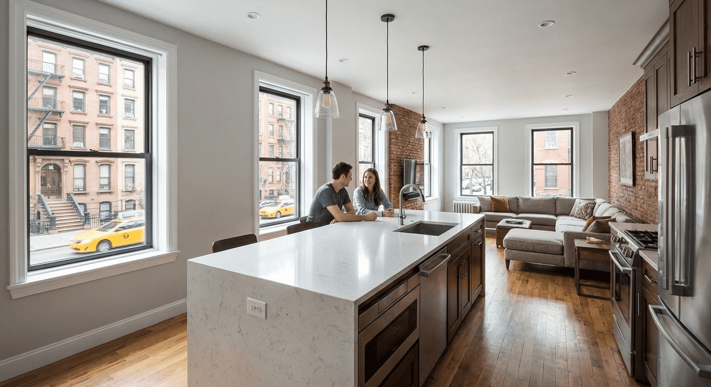 Open kitchen layout in a modern NYC apartment showing increased space and natural light